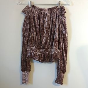 Lulu's Dusty Mauve Crushed Velvet Cold Shoulder Smocked Ruffle Peplum Bl…